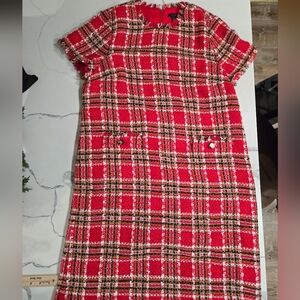 ANN Taylor womens 10 Red HOUNDSTOOTH TWEED Plaid SHIFT DRESS Lined Jubilee
